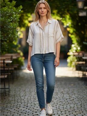 Relaxed Cream Striped Button-Front Women's Blouse